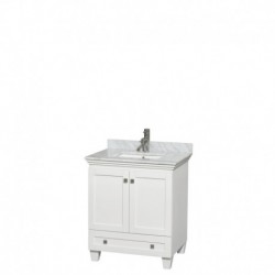 30 inch Single Bathroom Vanity in White, White Carrera Marble Countertop, Undermount Square Sink, and No Mirror