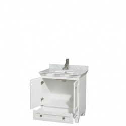 30 inch Single Bathroom Vanity in White, White Carrera Marble Countertop, Undermount Square Sink, and No Mirror