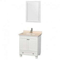 30 inch Single Bathroom Vanity in White, Ivory Marble Countertop, Undermount Square Sink, and 24 inch Mirror