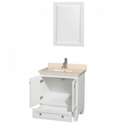 30 inch Single Bathroom Vanity in White, Ivory Marble Countertop, Undermount Square Sink, and 24 inch Mirror