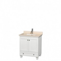 30 inch Single Bathroom Vanity in White, Ivory Marble Countertop, Undermount Square Sink, and No Mirror