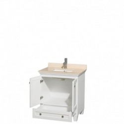 30 inch Single Bathroom Vanity in White, Ivory Marble Countertop, Undermount Square Sink, and No Mirror