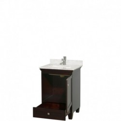 24 inch Single Bathroom Vanity in Espresso, White Carrera Marble Countertop, Undermount Square Sink, and No Mirror