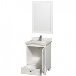 24 inch Single Bathroom Vanity in White, White Carrera Marble Countertop, Undermount Square Sink, and 24 inch Mirror
