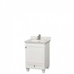 24 inch Single Bathroom Vanity in White, White Carrera Marble Countertop, Undermount Square Sink, and No Mirror