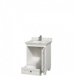24 inch Single Bathroom Vanity in White, White Carrera Marble Countertop, Undermount Square Sink, and No Mirror