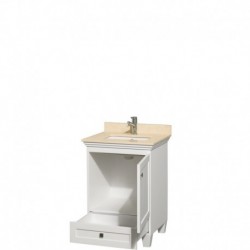 24 inch Single Bathroom Vanity in White, Ivory Marble Countertop, Undermount Square Sink, and No Mirror