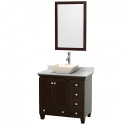 36 inch Single Bathroom Vanity in Espresso, White Carrera Marble Countertop, Pyra Bone Porcelain Sink, and 24 inch Mirror