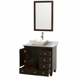 36 inch Single Bathroom Vanity in Espresso, White Carrera Marble Countertop, Pyra Bone Porcelain Sink, and 24 inch Mirror