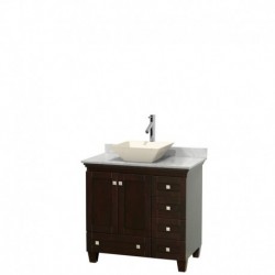 36 inch Single Bathroom Vanity in Espresso, White Carrera Marble Countertop, Pyra Bone Porcelain Sink, and No Mirror