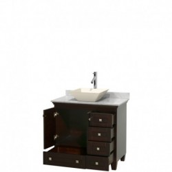 36 inch Single Bathroom Vanity in Espresso, White Carrera Marble Countertop, Pyra Bone Porcelain Sink, and No Mirror