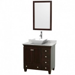 36 inch Single Bathroom Vanity in Espresso, White Carrera Marble Countertop, Pyra White Porcelain Sink, and 24 inch Mirror