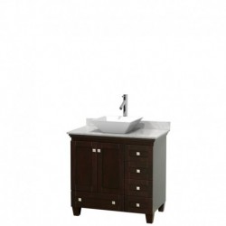 36 inch Single Bathroom Vanity in Espresso, White Carrera Marble Countertop, Pyra White Porcelain Sink, and No Mirror