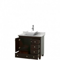 36 inch Single Bathroom Vanity in Espresso, White Carrera Marble Countertop, Pyra White Porcelain Sink, and No Mirror