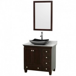 36 inch Single Bathroom Vanity in Espresso, White Carrera Marble Countertop, Altair Black Granite Sink, and 24 inch Mirror