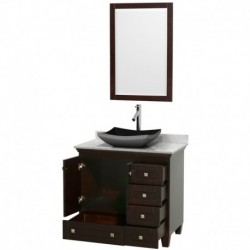 36 inch Single Bathroom Vanity in Espresso, White Carrera Marble Countertop, Altair Black Granite Sink, and 24 inch Mirror