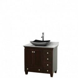 36 inch Single Bathroom Vanity in Espresso, White Carrera Marble Countertop, Altair Black Granite Sink, and No Mirror