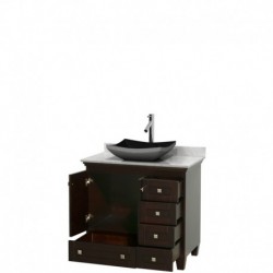 36 inch Single Bathroom Vanity in Espresso, White Carrera Marble Countertop, Altair Black Granite Sink, and No Mirror