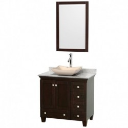 36 inch Single Bathroom Vanity in Espresso, White Carrera Marble Countertop, Avalon Ivory Marble Sink, and 24 inch Mirror