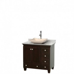 36 inch Single Bathroom Vanity in Espresso, White Carrera Marble Countertop, Avalon Ivory Marble Sink, and No Mirror