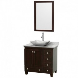 36 inch Single Bathroom Vanity in Espresso, White Carrera Marble Countertop, Avalon White Carrera Marble Sink, and 24 inch Mirr