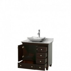 36 inch Single Bathroom Vanity in Espresso, White Carrera Marble Countertop, Avalon White Carrera Marble Sink, and No Mirror