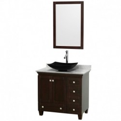 36 inch Single Bathroom Vanity in Espresso, White Carrera Marble Countertop, Arista Black Granite Sink, and 24 inch Mirror