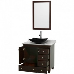 36 inch Single Bathroom Vanity in Espresso, White Carrera Marble Countertop, Arista Black Granite Sink, and 24 inch Mirror