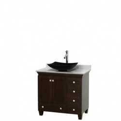 36 inch Single Bathroom Vanity in Espresso, White Carrera Marble Countertop, Arista Black Granite Sink, and No Mirror