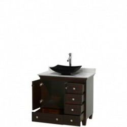 36 inch Single Bathroom Vanity in Espresso, White Carrera Marble Countertop, Arista Black Granite Sink, and No Mirror