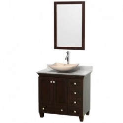 36 inch Single Bathroom Vanity in Espresso, White Carrera Marble Countertop, Arista Ivory Marble Sink, and 24 inch Mirror