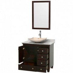 36 inch Single Bathroom Vanity in Espresso, White Carrera Marble Countertop, Arista Ivory Marble Sink, and 24 inch Mirror
