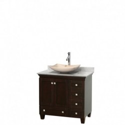 36 inch Single Bathroom Vanity in Espresso, White Carrera Marble Countertop, Arista Ivory Marble Sink, and No Mirror