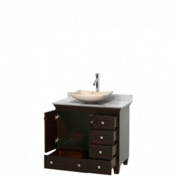 36 inch Single Bathroom Vanity in Espresso, White Carrera Marble Countertop, Arista Ivory Marble Sink, and No Mirror