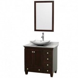 36 inch Single Bathroom Vanity in Espresso, White Carrera Marble Countertop, Arista White Carrera Marble Sink, and 24 inch Mirr