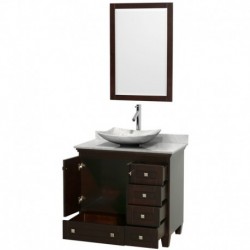36 inch Single Bathroom Vanity in Espresso, White Carrera Marble Countertop, Arista White Carrera Marble Sink, and 24 inch Mirr