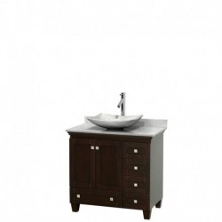36 inch Single Bathroom Vanity in Espresso, White Carrera Marble Countertop, Arista White Carrera Marble Sink, and No Mirror