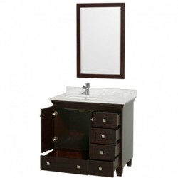 36 inch Single Bathroom Vanity in Espresso, White Carrera Marble Countertop, Undermount Square Sink, and 24 inch Mirror