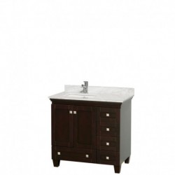 36 inch Single Bathroom Vanity in Espresso, White Carrera Marble Countertop, Undermount Square Sink, and No Mirror