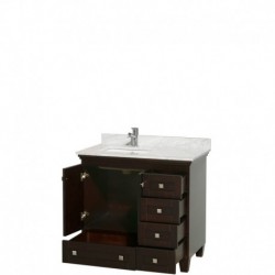 36 inch Single Bathroom Vanity in Espresso, White Carrera Marble Countertop, Undermount Square Sink, and No Mirror