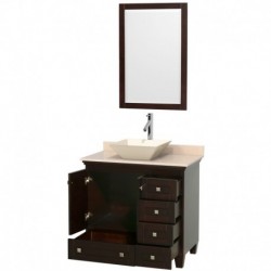 36 inch Single Bathroom Vanity in Espresso, Ivory Marble Countertop, Pyra Bone Porcelain Sink, and 24 inch Mirror