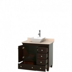 36 inch Single Bathroom Vanity in Espresso, Ivory Marble Countertop, Pyra White Porcelain Sink, and No Mirror