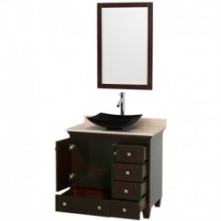 36 inch Single Bathroom Vanity in Espresso, Ivory Marble Countertop, Arista Black Granite Sink, and 24 inch Mirror