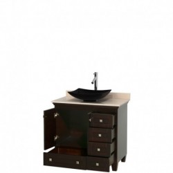 36 inch Single Bathroom Vanity in Espresso, Ivory Marble Countertop, Arista Black Granite Sink, and No Mirror