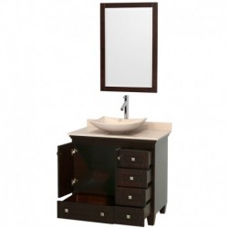 36 inch Single Bathroom Vanity in Espresso, Ivory Marble Countertop, Arista Ivory Marble Sink, and 24 inch Mirror