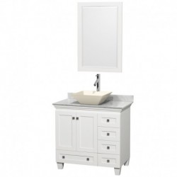36 inch Single Bathroom Vanity in White, White Carrera Marble Countertop, Pyra Bone Porcelain Sink, and 24 inch Mirror