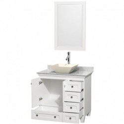 36 inch Single Bathroom Vanity in White, White Carrera Marble Countertop, Pyra Bone Porcelain Sink, and 24 inch Mirror