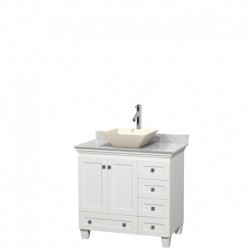 36 inch Single Bathroom Vanity in White, White Carrera Marble Countertop, Pyra Bone Porcelain Sink, and No Mirror