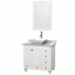 36 inch Single Bathroom Vanity in White, White Carrera Marble Countertop, Pyra White Porcelain Sink, and 24 inch Mirror