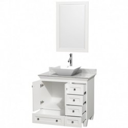 36 inch Single Bathroom Vanity in White, White Carrera Marble Countertop, Pyra White Porcelain Sink, and 24 inch Mirror